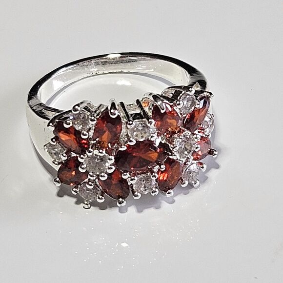 925 Sterling Silver Orange & Clear Rhinestone Flower Ring Sz 7.5 - Picture 14 of 16